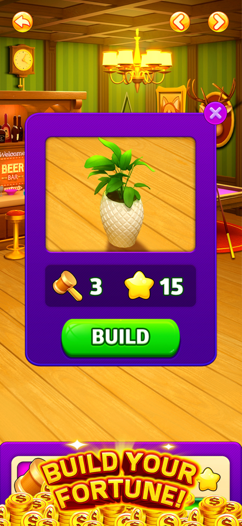 Hunter Slot - A game interface in Hunter Slot showing a build option for a potted plant to decorate a room.