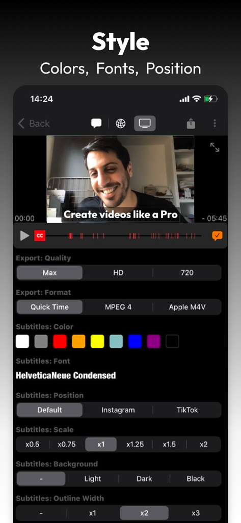 App-Oberfläche von Untertitel AI, die Anpassungsoptionen für Farben, Schriftarten und Positionen in einem Video zeigt