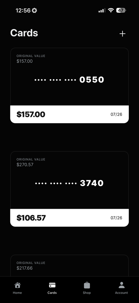 Laso Finance app interface displaying a list of virtual prepaid cards and their balances