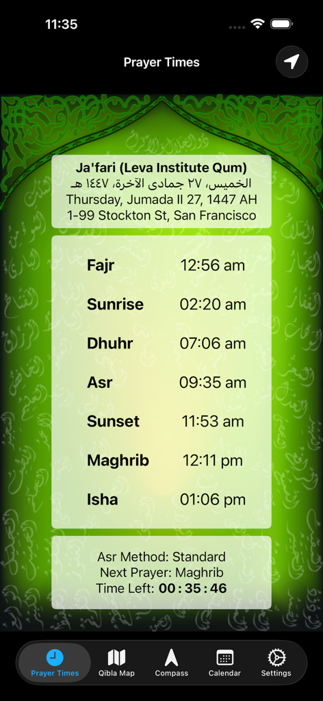 alQibla - The alQibla mobile app interface displaying daily Islamic prayer times for San Francisco