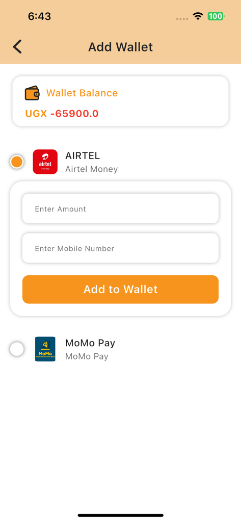Savanna Fibre Customer App - The Add Wallet screen of the Savanna Fibre app showing payment options for Airtel Money and MoMo Pay to top up the account balance.
