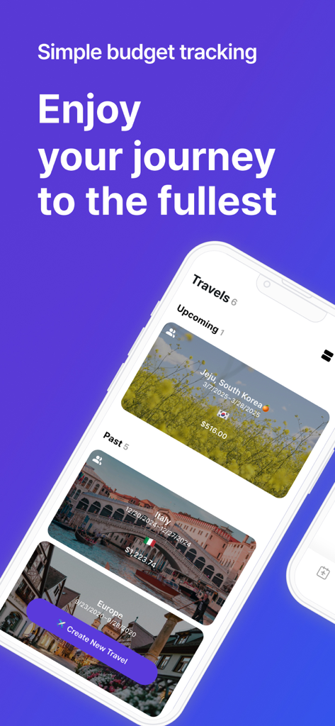 Trabee Pocket app screen displaying a list of upcoming and past international trips with budget tracking.