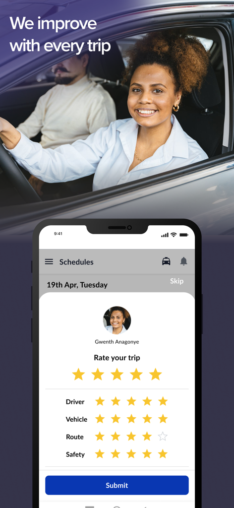 A professional woman in a vehicle with a smartphone screen displaying the MoveInSync app rating interface for driver and safety feedback.