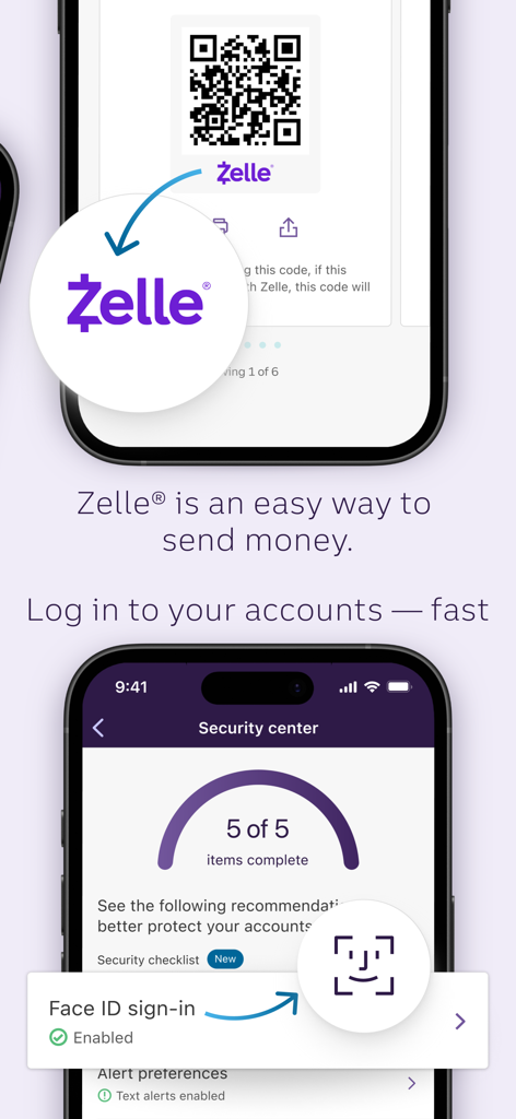 Truist Mobile app interface featuring Zelle payments and secure Face ID sign-in