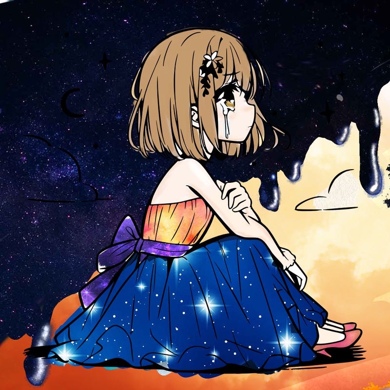 girl crying with a white strapless dress on her knees looking at the sky anime human like drawing side profile