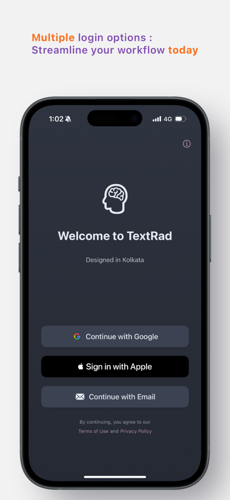TextRad app welcome screen displaying login options for Google Apple and Email