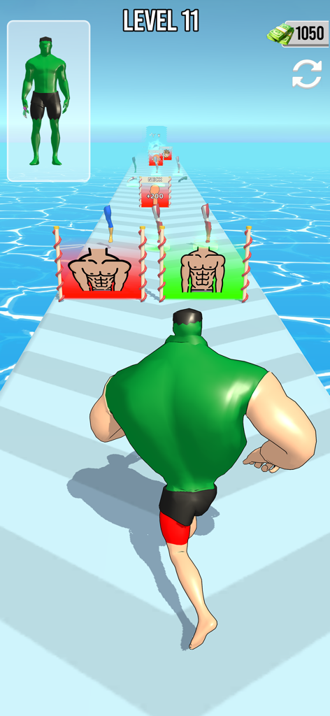 Un personaje superhéroe verde musculoso corriendo en una pista hacia puertas de transformación en el juego Crea Un Superhéroe