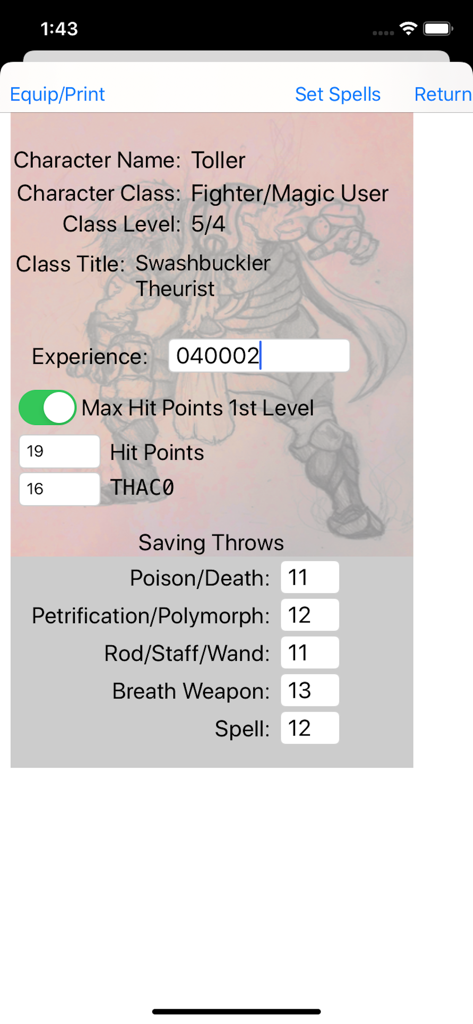 Character Gen for 1st Ed DnD - Character statistics and saving throws screen for a 1st Edition D&D character generator