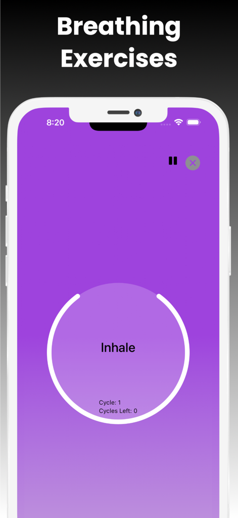 Insight Timer Meditation App - Screenshot of the Insight Timer app showing a guided breathing exercise screen with a purple background and circular inhale prompt