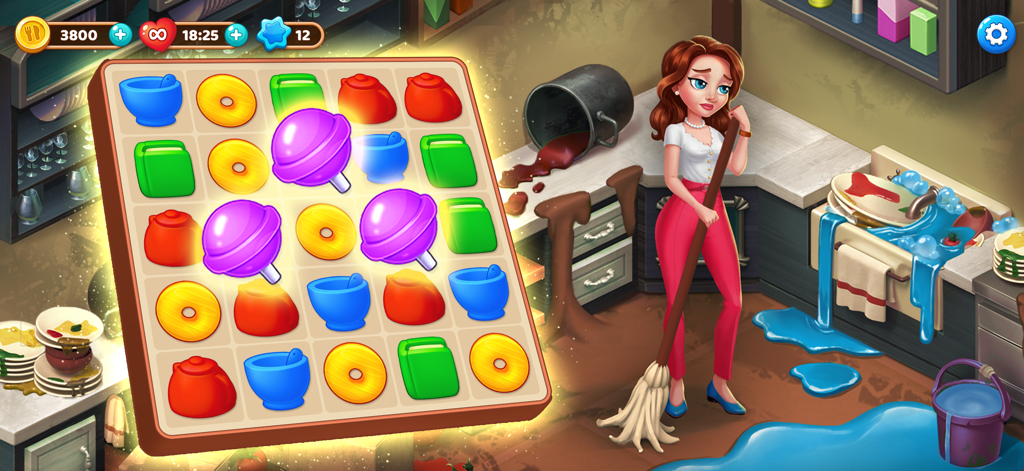 Match 3 puzzle game board in Manor Cafe showing a character cleaning a messy restaurant kitchen