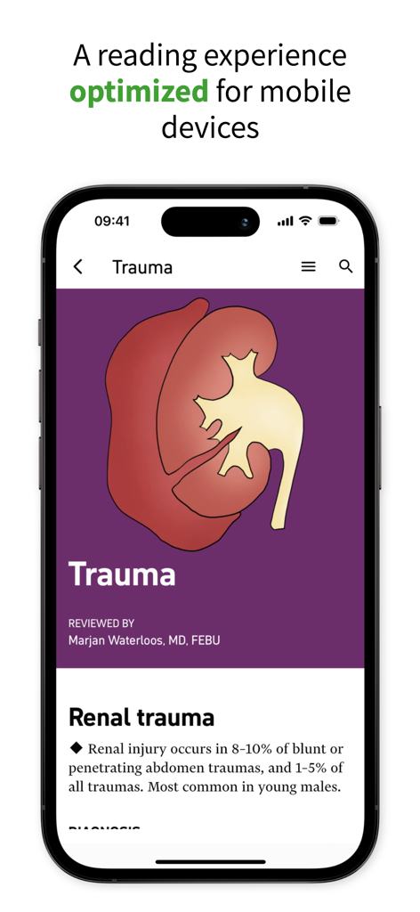Knowuro reader - Knowuro reader mobile app interface showing a textbook chapter on renal trauma with a kidney illustration.