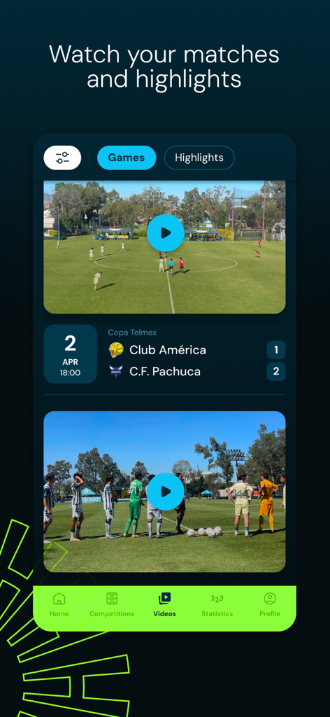 Interfaccia dell'app WAME Sports che mostra video di partite di calcio e clip di highlight.