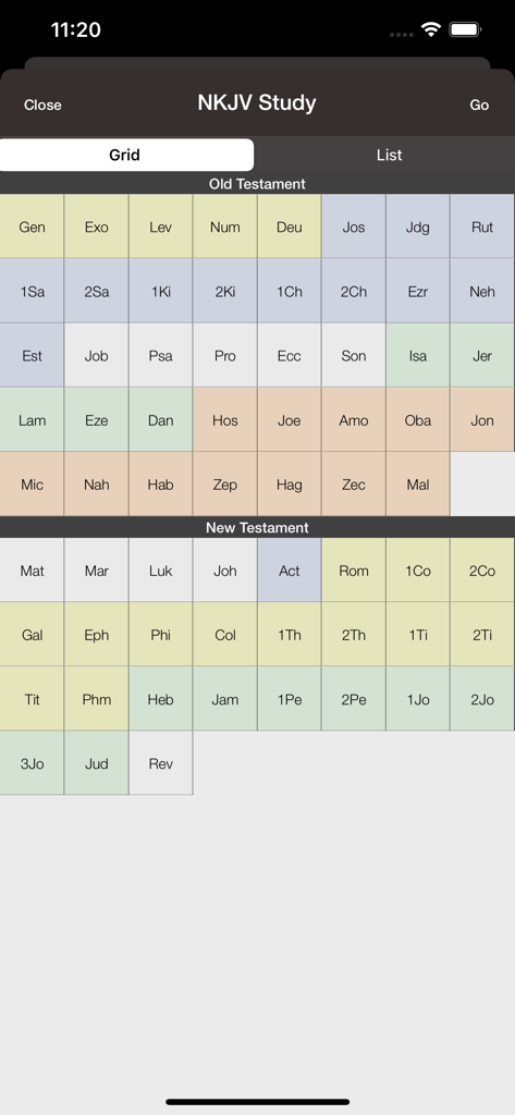 Bible - The Word of Promise® - A grid view interface showing the books of the Old and New Testaments in the NKJV Study Bible app
