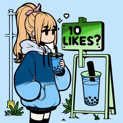 girl with oversized hoodie drinking boba and she has a high ponytail with a sign that says 10likes?