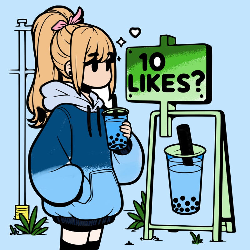 girl with oversized hoodie drinking boba and she has a high ponytail with a sign that says 10likes?