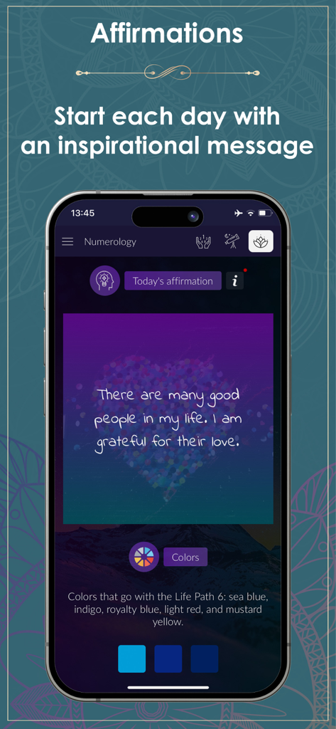 Numerology Rediscover Yourself - Afirmaciones diarias y guía de colores para el Camino de Vida 6 en la aplicación de Numerología