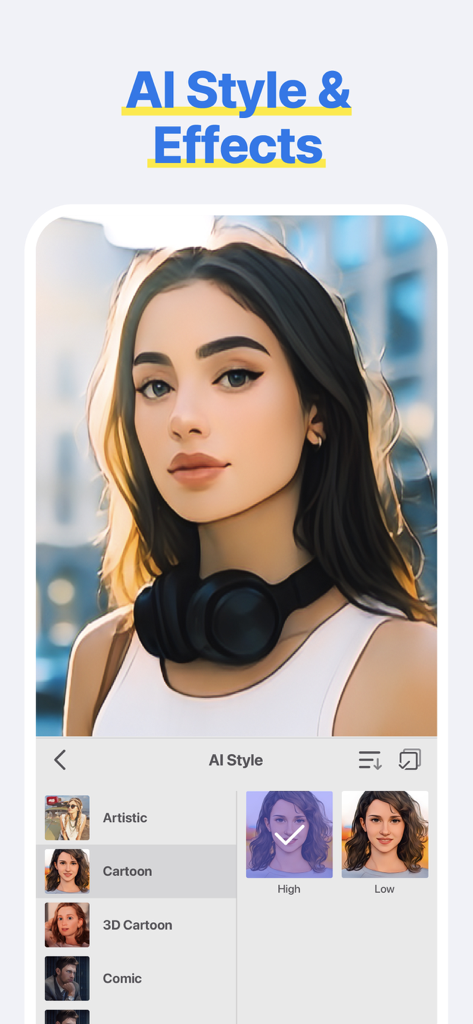 Spring - Video Editor - Spring Video Editor interface showing AI styles and cartoon effects applied to a portrait