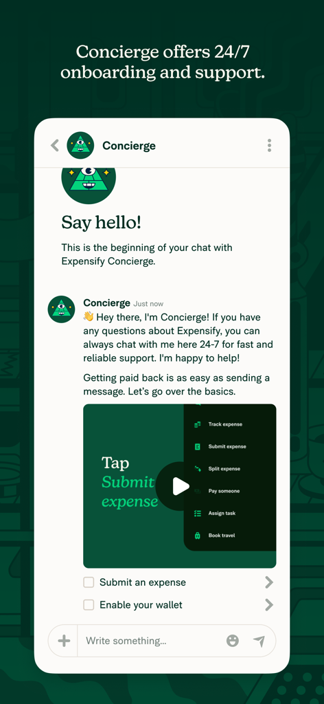 Expensify - Travel & Expense - Expensify mobile app screenshot showing the Concierge chat interface for 24/7 onboarding and customer support