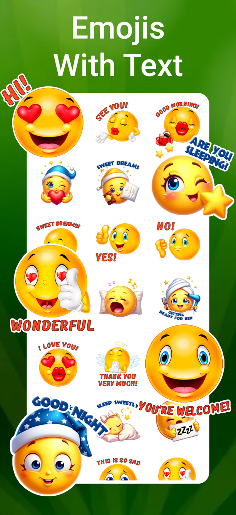 Collection of yellow emoji stickers with text phrases for WhatsApp messaging