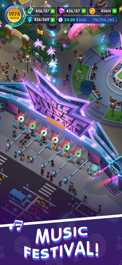 Idle Music Star Tycoon Games - Top down view of players managing the entrance gate and parking lot in a music festival tycoon game