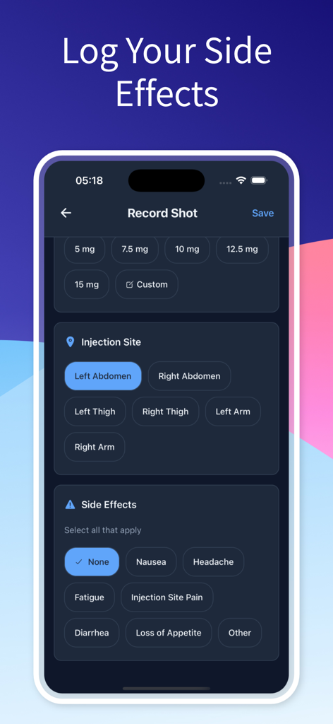 Shotwise app interface for recording GLP-1 injection details including dosage selection injection site and common side effects tracking
