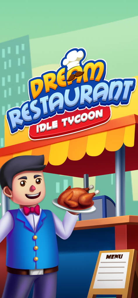 Dream Restaurant - Idle Tycoon - Cartoon waiter holding a roasted chicken plate in Dream Restaurant Idle Tycoon