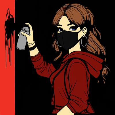 realistic girl with mask spray painting a wall