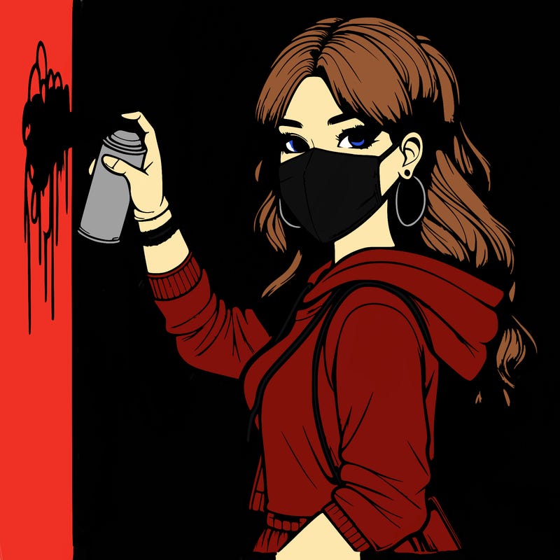 realistic girl with mask spray painting a wall