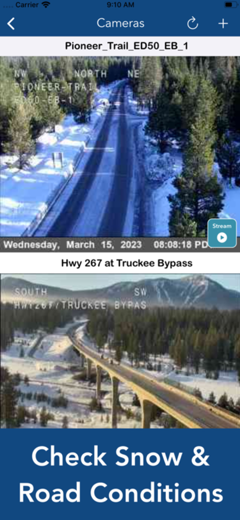 California 511 Road Conditions - California 511 app displaying live CCTV traffic camera feeds for Pioneer Trail and Truckee Bypass showing snow and road conditions