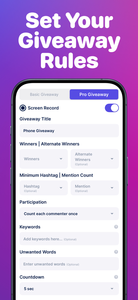 Rafi - Giveaway for Instagram - Captura de tela da interface do aplicativo Rafi para definir regras e filtros personalizados de sorteio do Instagram