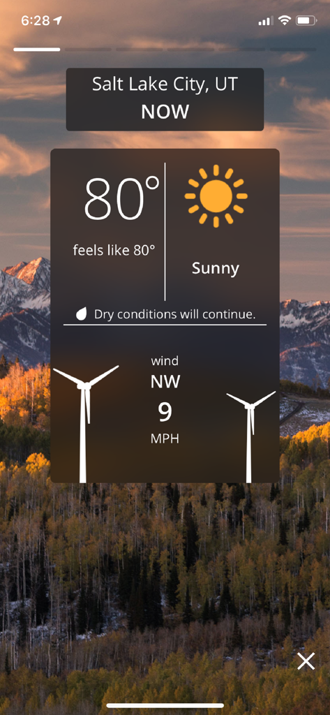 KSL Weather app screen showing sunny conditions and eighty degrees in Salt Lake City Utah