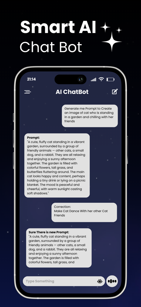 Playground AI: Image Generator - Interfaz del Chat Bot Inteligente de Playground AI ayudando a un usuario a generar y refinar un prompt de imagen detallado en un iPhone.
