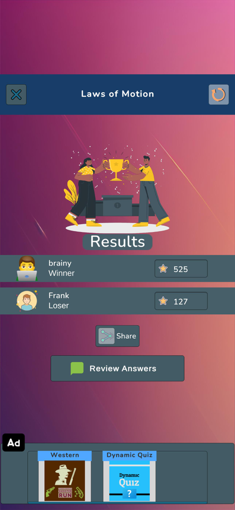 Physics Quiz - Trivia - Results screen of a physics trivia game showing player scores and a winner trophy