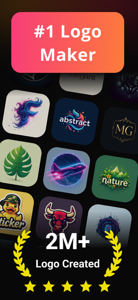 Logo Maker · Ai Flyer Maker - Evolvo app interface showing a variety of custom logos with social proof of over 2 million creations and a five star rating