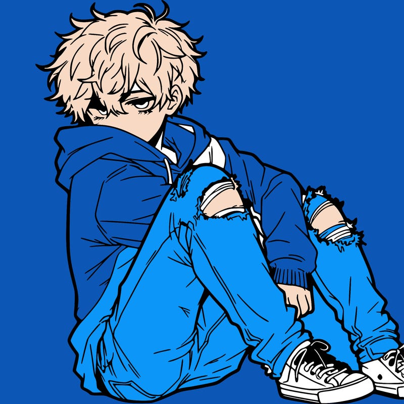 a male hoddie ripped jeans messy hair anime