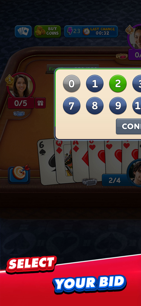 Spades Plus card game bid selection screen