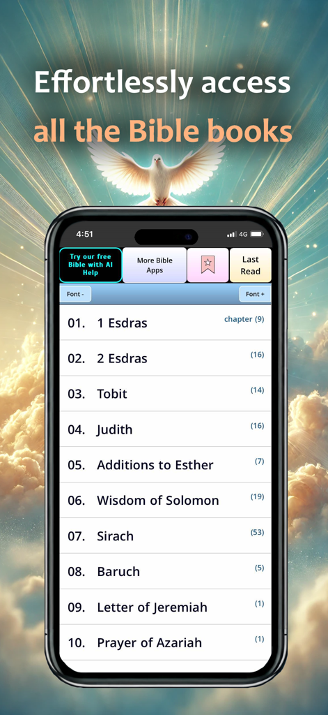 Bildschirm einer mobilen App, der eine Liste von Apokryphen-Büchern einschließlich 1. Esdras und Tobit anzeigt