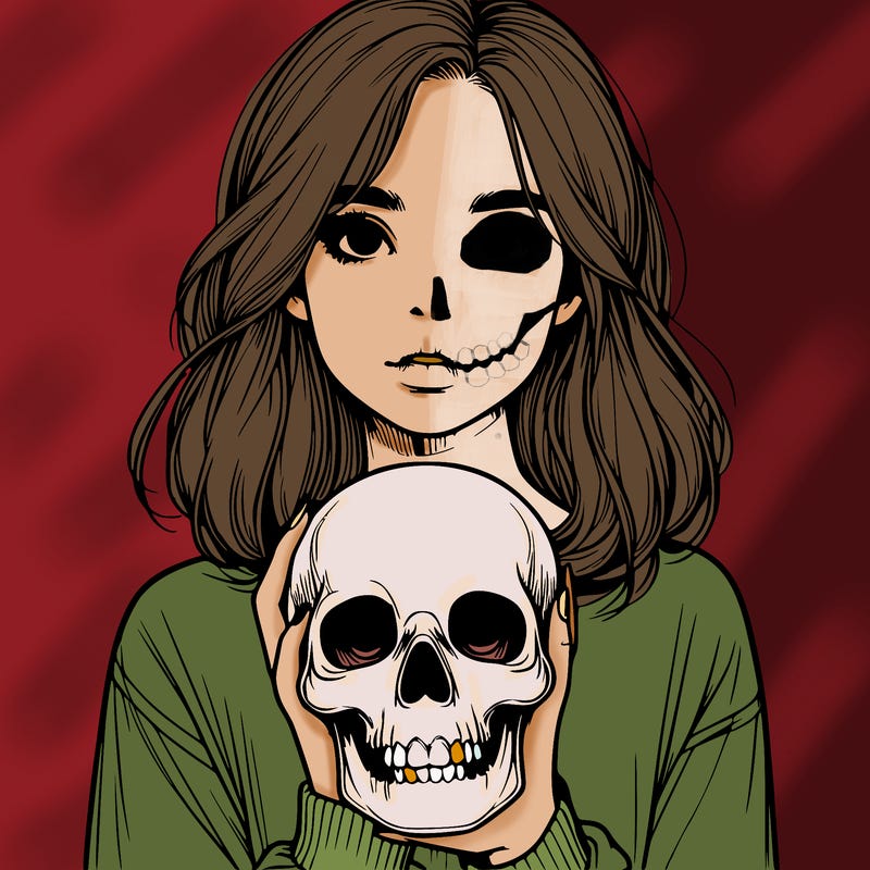 realistic girl holding a skull