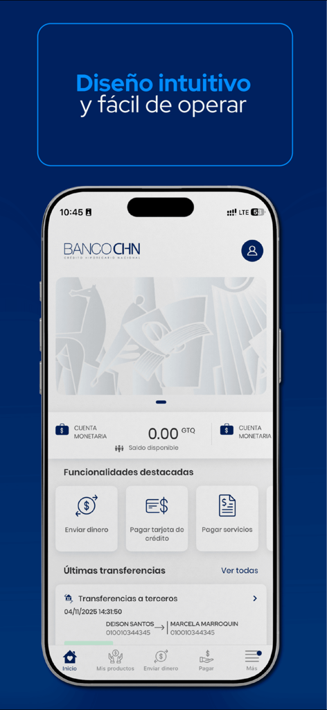 Pantalla de smartphone mostrando el panel de control de la aplicación CHN Movil con saldo de cuenta y opciones de transferencia de dinero en español
