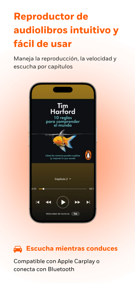 Penguinlibros - Penguinlibros mobile app audiobook player interface showing playback controls and car mode feature.