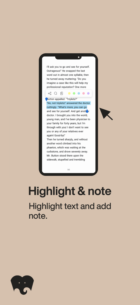 A smartphone showing the FidiKetabi app interface with a text highlighting and note taking menu open over a book page.