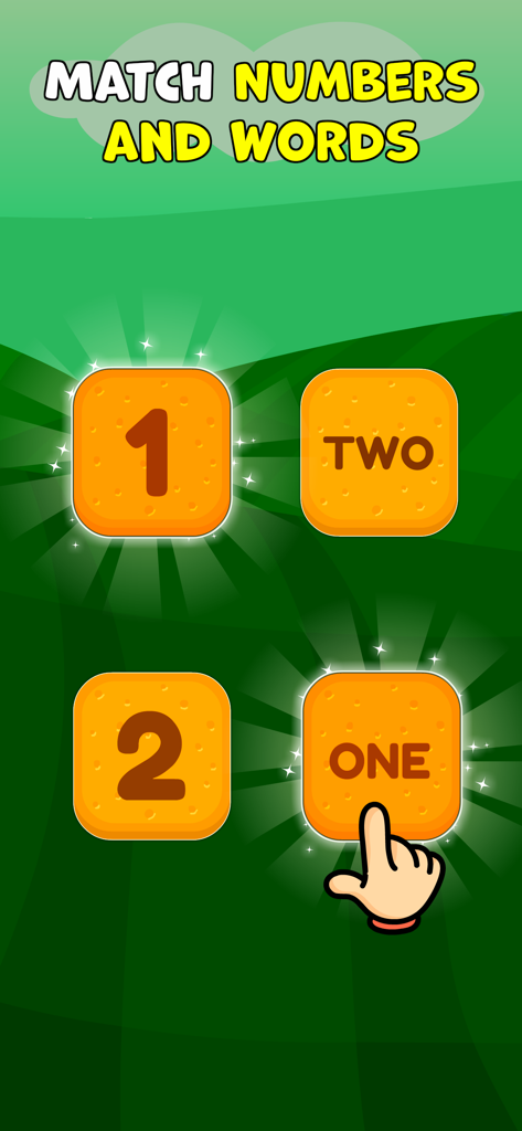 A math game interface where children match numerals like 1 and 2 with their written word forms
