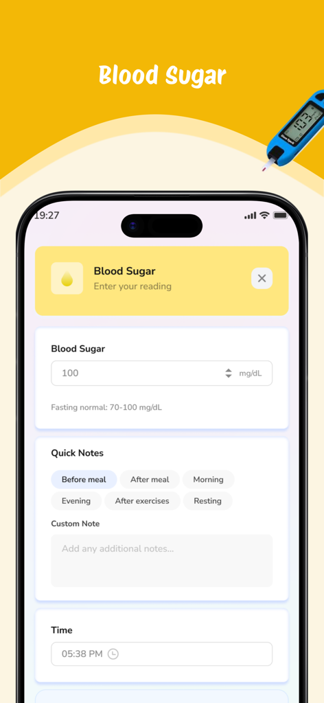 A mobile app interface for entering blood sugar readings and health notes