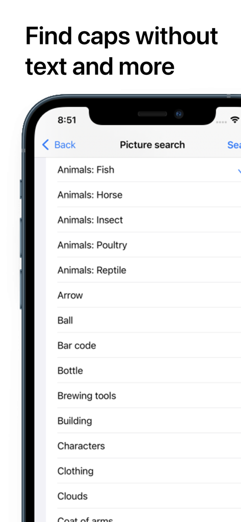 Crowncaps.Info - Crowncaps.Info app picture search screen showing a list of visual categories like animals and objects to identify bottle caps without text.