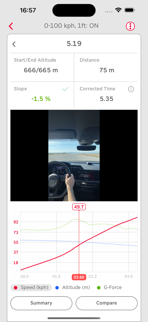 RaceBox - RaceBox app displaying 0 to 100 kph drag race telemetry data with video and performance graphs