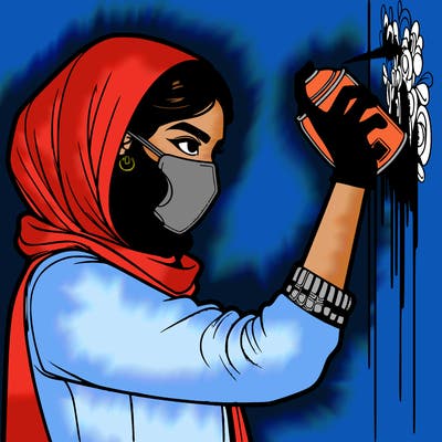 realistic girl with mask spray painting a wall