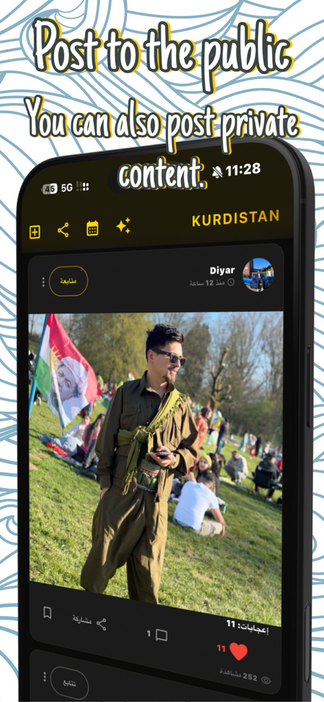 4K KURDISTAN - A social news feed in the 4K Kurdistan app featuring a user post with a photo of a man in traditional Kurdish clothing and flag
