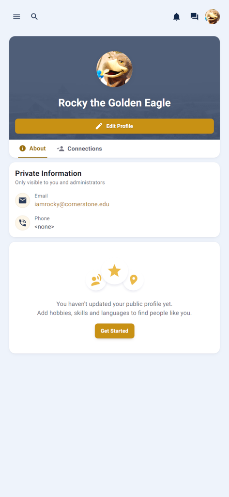 User profile page in the My CU app for Rocky the Golden Eagle at Cornerstone University.