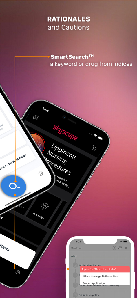 Lippincott Nursing Procedures app interface highlighting the SmartSearch feature and clinical rationales