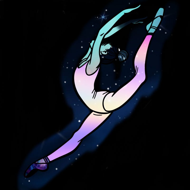 gymnast doing a leap in a leotard with a bent back leg